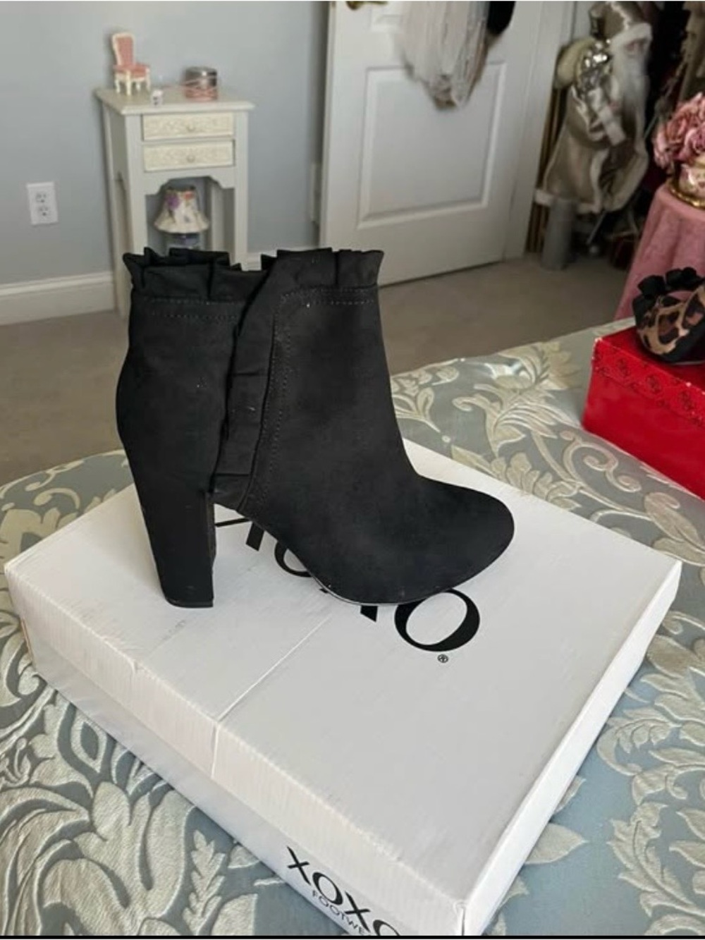 Black Ruffle-Trim Suede Ankle Boots